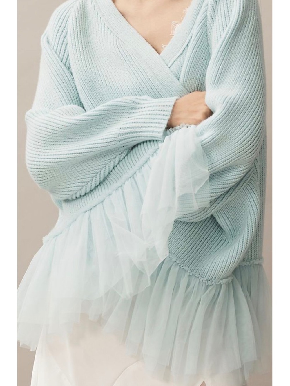 NWOT Anthro Sunday in Brooklyn Tulle Ruffle Cardigan Sweater in Light Blue OS